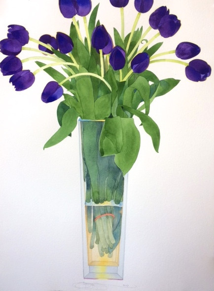 Blue tulips in tall vase